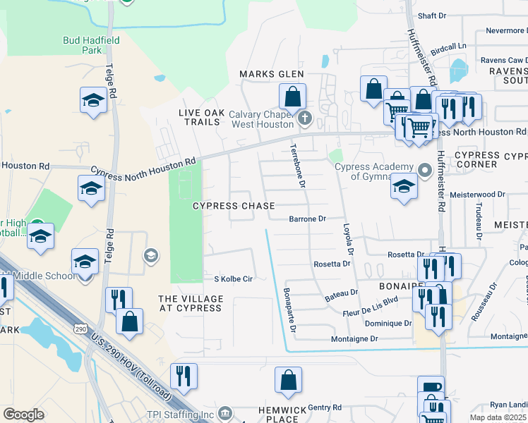map of restaurants, bars, coffee shops, grocery stores, and more near 11610 Wingborne Lane in Cypress