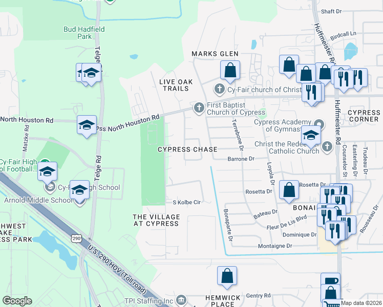 map of restaurants, bars, coffee shops, grocery stores, and more near 14434 Pennland Lane in Harris County