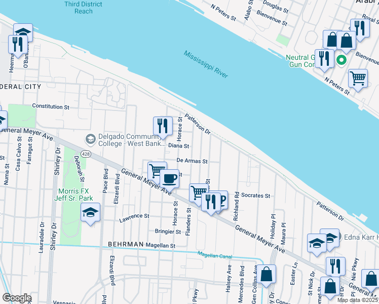 map of restaurants, bars, coffee shops, grocery stores, and more near 1115 Flanders Street in New Orleans