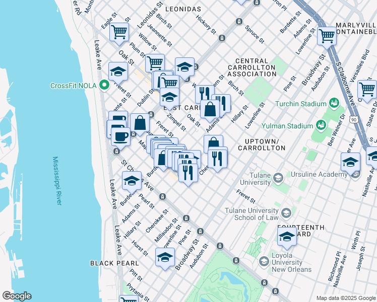 map of restaurants, bars, coffee shops, grocery stores, and more near Freret St & Adams St in New Orleans