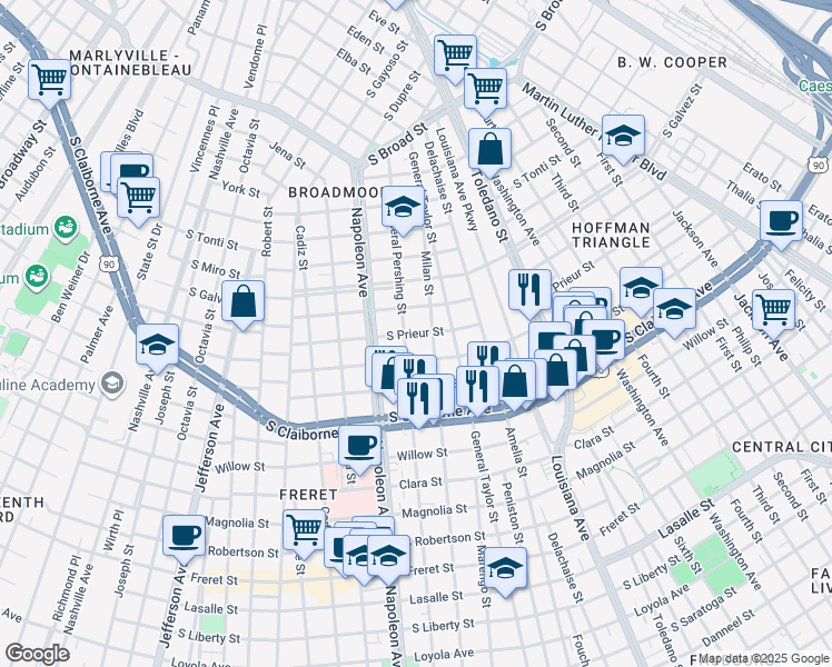map of restaurants, bars, coffee shops, grocery stores, and more near 4220 South Prieur Street in New Orleans
