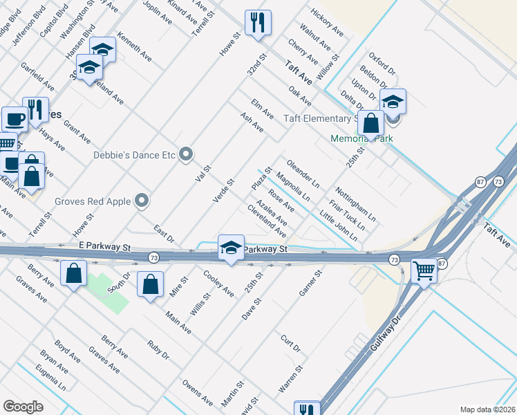 map of restaurants, bars, coffee shops, grocery stores, and more near 2920 Terrace Avenue in Groves