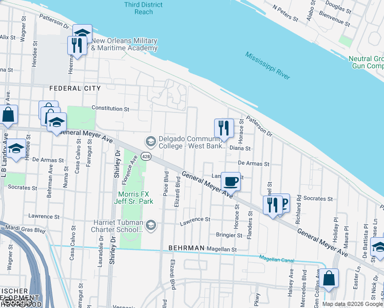map of restaurants, bars, coffee shops, grocery stores, and more near 1224 Merrill Street in New Orleans