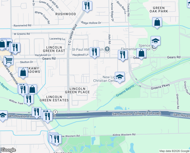map of restaurants, bars, coffee shops, grocery stores, and more near 11127 Lilleux Road in Houston