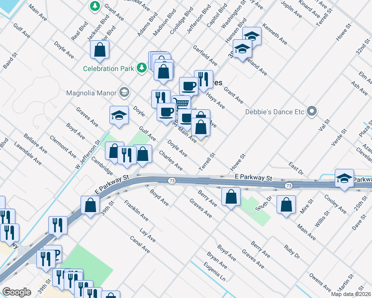 map of restaurants, bars, coffee shops, grocery stores, and more near 3820 Doyle Avenue in Groves
