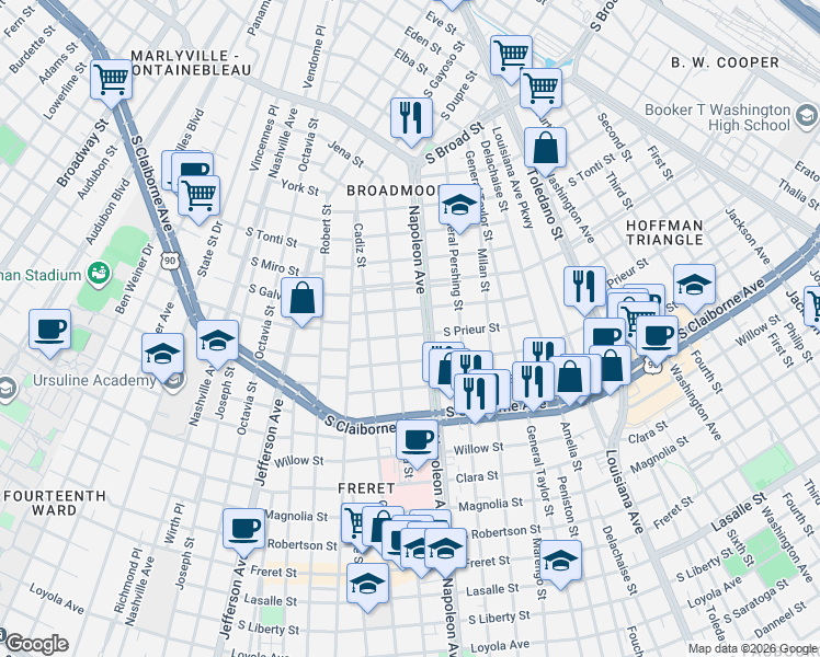 map of restaurants, bars, coffee shops, grocery stores, and more near 4430 South Prieur Street in New Orleans