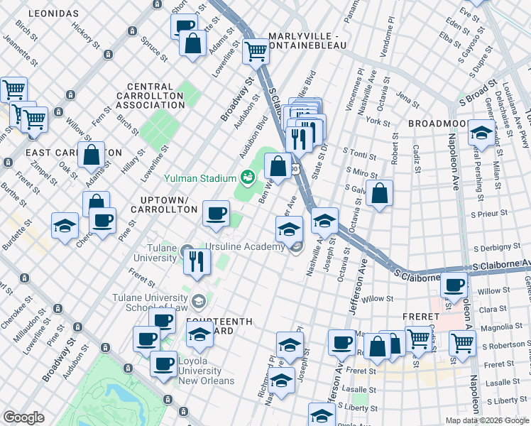 map of restaurants, bars, coffee shops, grocery stores, and more near in New Orleans