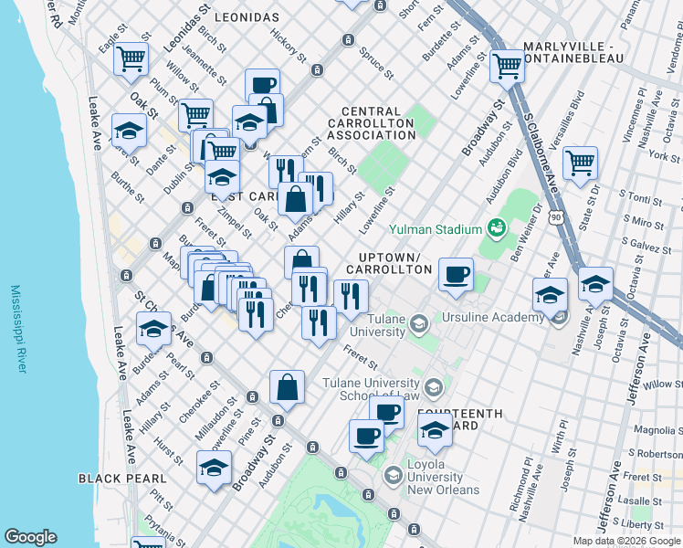 map of restaurants, bars, coffee shops, grocery stores, and more near 1133 Lowerline Street in New Orleans