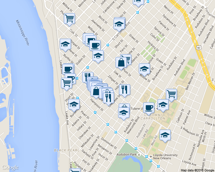 map of restaurants, bars, coffee shops, grocery stores, and more near 7613 Freret Street in New Orleans