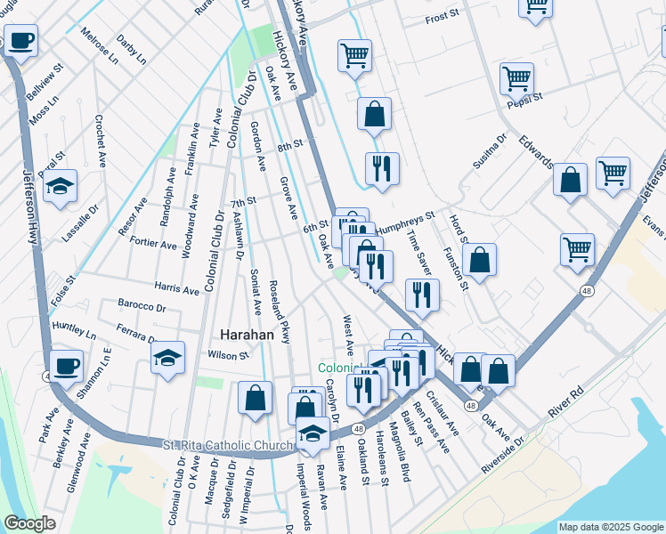 map of restaurants, bars, coffee shops, grocery stores, and more near 511 Grove Avenue in Harahan