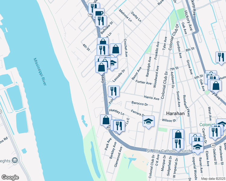 map of restaurants, bars, coffee shops, grocery stores, and more near 418 Folse Street in Harahan