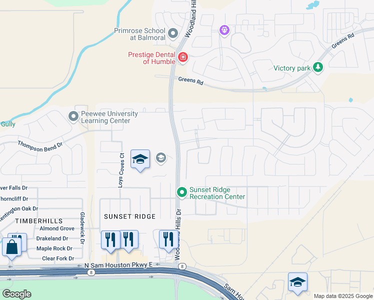 map of restaurants, bars, coffee shops, grocery stores, and more near 15311 Mortlich Gardens Drive in Atascocita