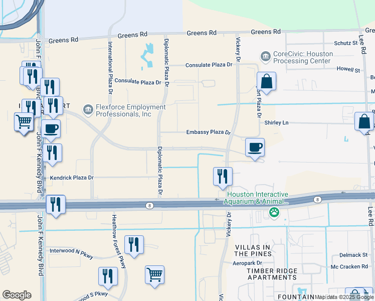 map of restaurants, bars, coffee shops, grocery stores, and more near 4760 World Houston Parkway in Houston