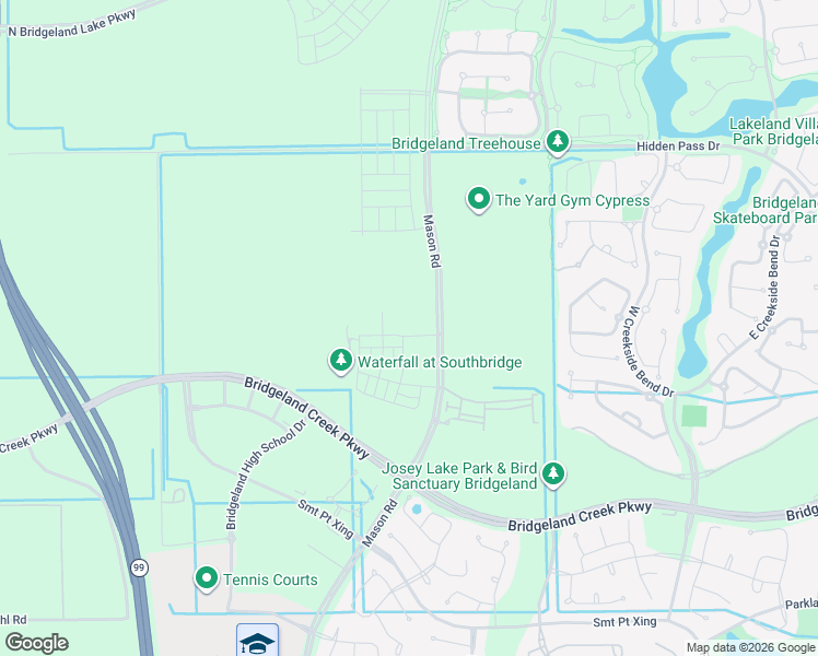 map of restaurants, bars, coffee shops, grocery stores, and more near Bridgeland Creek Parkway in Cypress