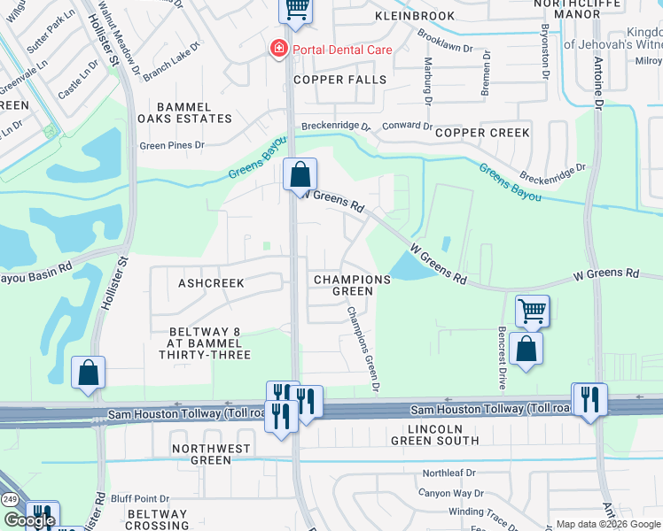 map of restaurants, bars, coffee shops, grocery stores, and more near 11431 Champions Green Drive in Houston