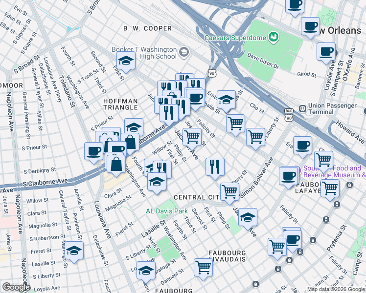 map of restaurants, bars, coffee shops, grocery stores, and more near 2616A Jackson Avenue in New Orleans