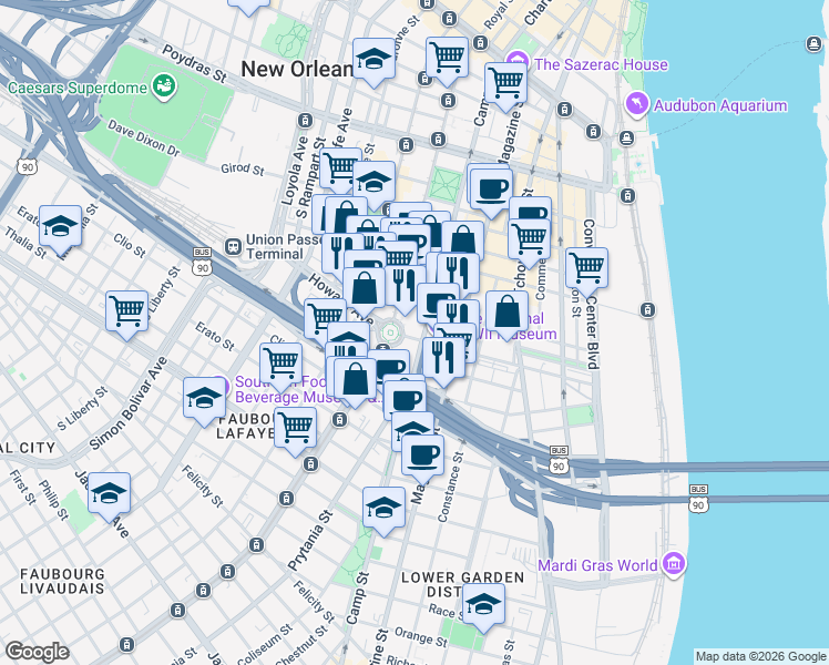 map of restaurants, bars, coffee shops, grocery stores, and more near 929 Camp Street in New Orleans