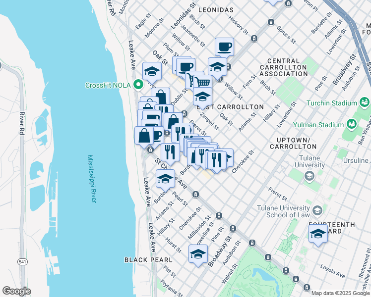 map of restaurants, bars, coffee shops, grocery stores, and more near 7815 Maple Street in New Orleans