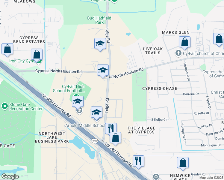 map of restaurants, bars, coffee shops, grocery stores, and more near 11522 Telge Road in Cypress