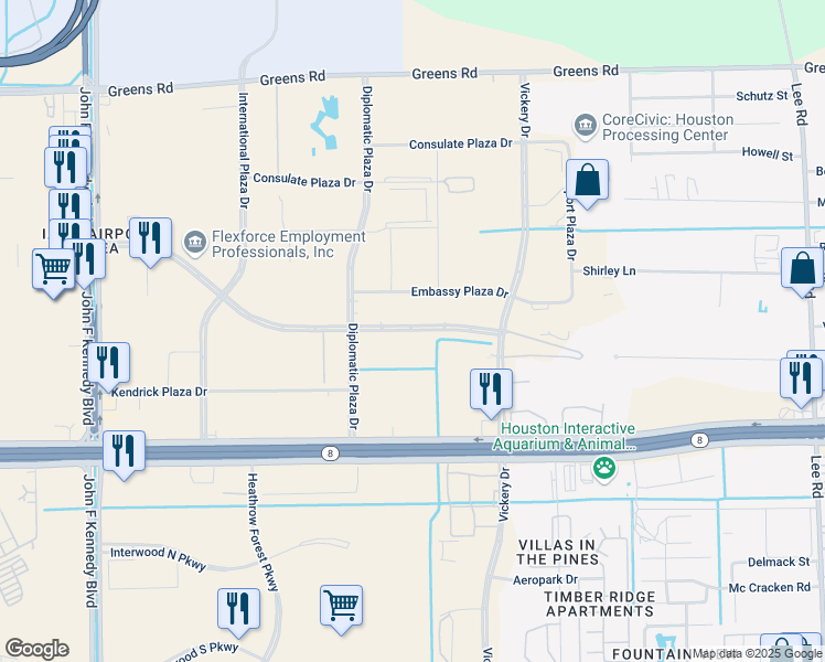 map of restaurants, bars, coffee shops, grocery stores, and more near 4721 World Houston Parkway in Houston