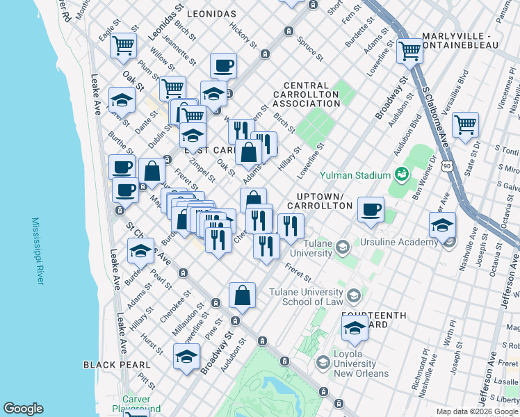 map of restaurants, bars, coffee shops, grocery stores, and more near 7510 Zimple Street in New Orleans