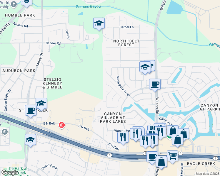 map of restaurants, bars, coffee shops, grocery stores, and more near 4503 Early Autumn Court in Humble