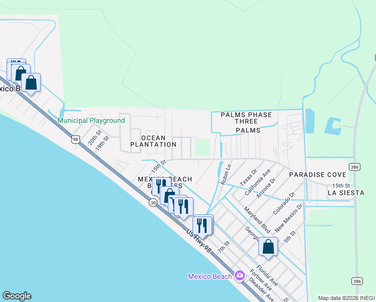 map of restaurants, bars, coffee shops, grocery stores, and more near 100 Saint Christopher Street in Mexico Beach