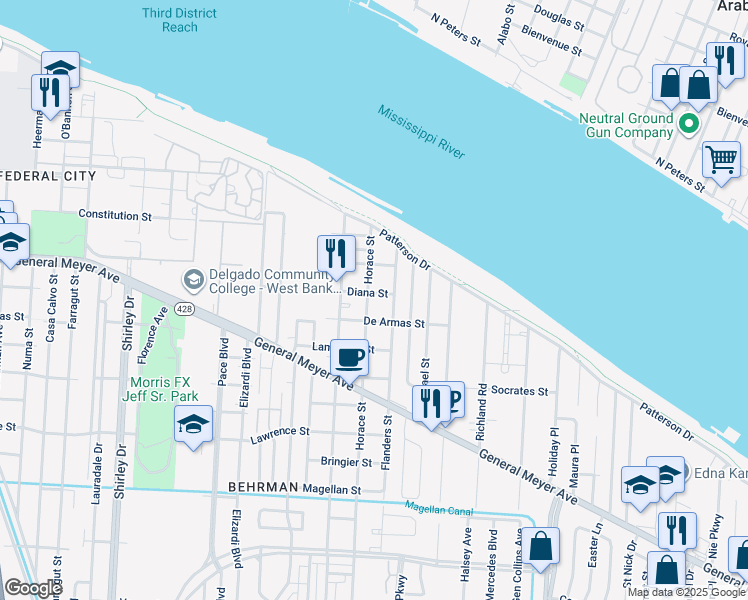 map of restaurants, bars, coffee shops, grocery stores, and more near 1116 Horace Street in New Orleans