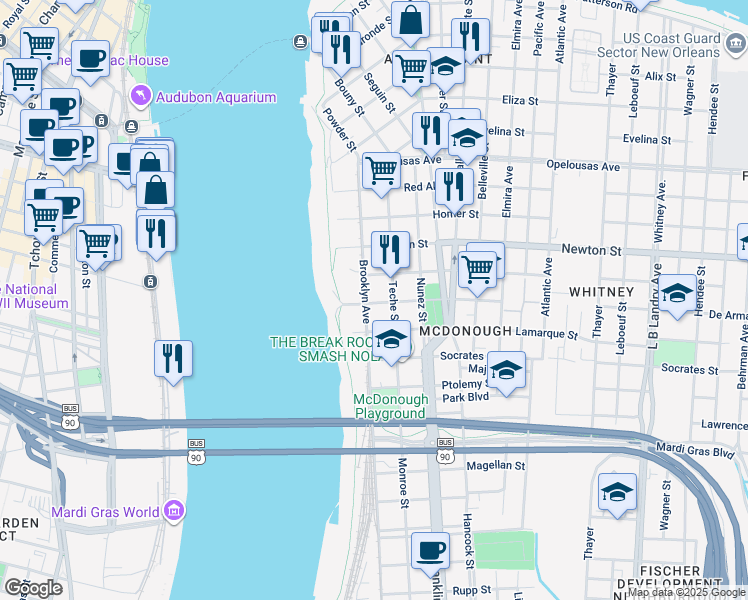 map of restaurants, bars, coffee shops, grocery stores, and more near 321 De Armas Street in New Orleans