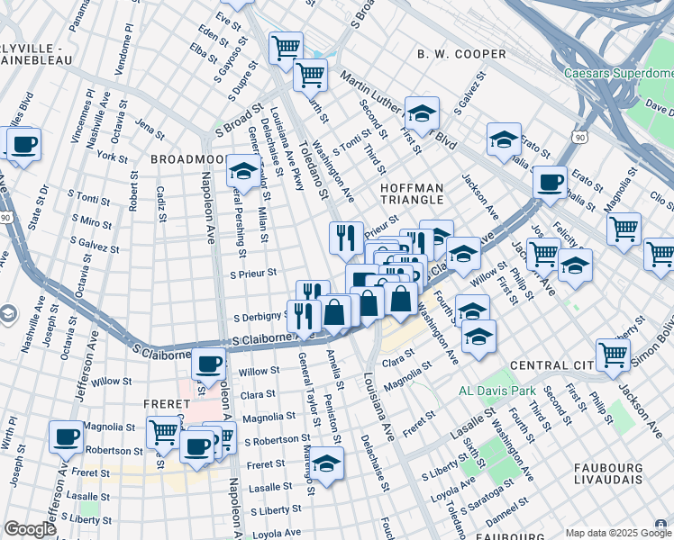 map of restaurants, bars, coffee shops, grocery stores, and more near 3022 Toledano Street in New Orleans