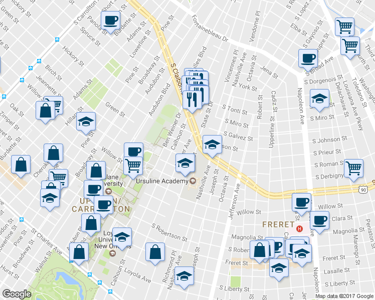 map of restaurants, bars, coffee shops, grocery stores, and more near 2806 State Street in New Orleans