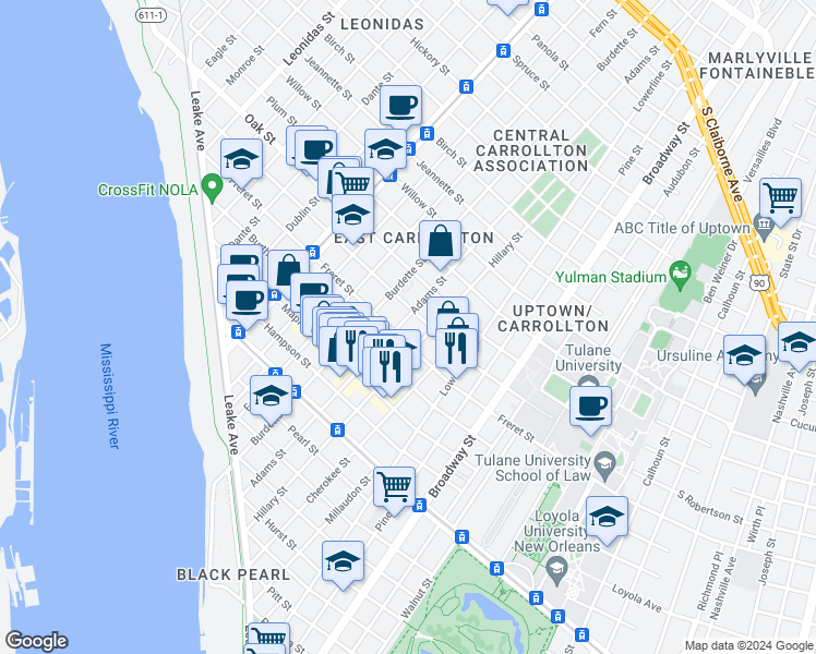 map of restaurants, bars, coffee shops, grocery stores, and more near 7613 Freret Street in New Orleans
