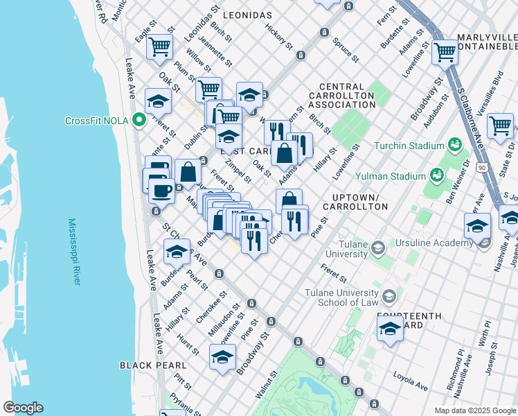 map of restaurants, bars, coffee shops, grocery stores, and more near 7613 Freret Street in New Orleans
