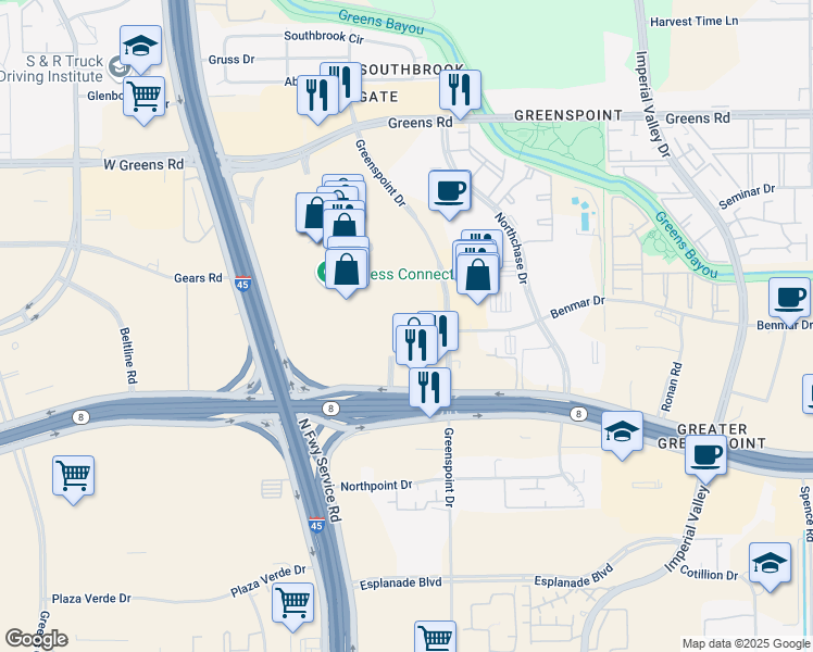 map of restaurants, bars, coffee shops, grocery stores, and more near 100 Greenspoint Drive in Houston