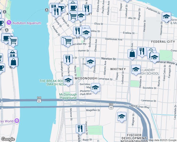 map of restaurants, bars, coffee shops, grocery stores, and more near 800 De Armas Street in New Orleans