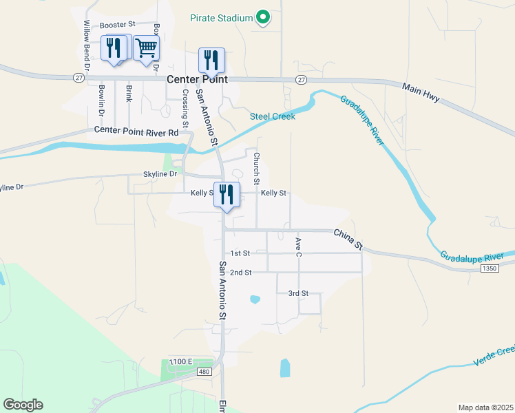 map of restaurants, bars, coffee shops, grocery stores, and more near 117 Church Street in Center Point