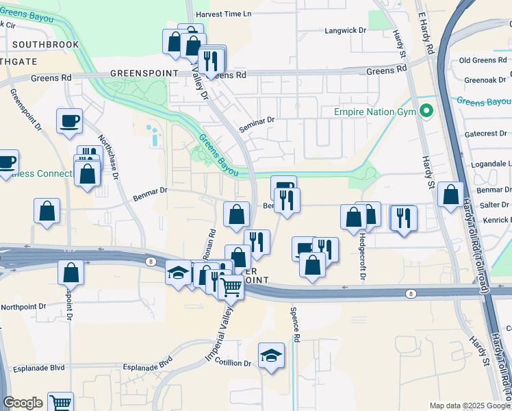 map of restaurants, bars, coffee shops, grocery stores, and more near Imperial Valley Dr & Benmar Dr in Houston