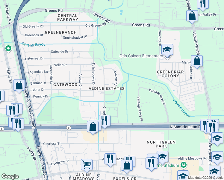 map of restaurants, bars, coffee shops, grocery stores, and more near 15511 Magee Road in Houston
