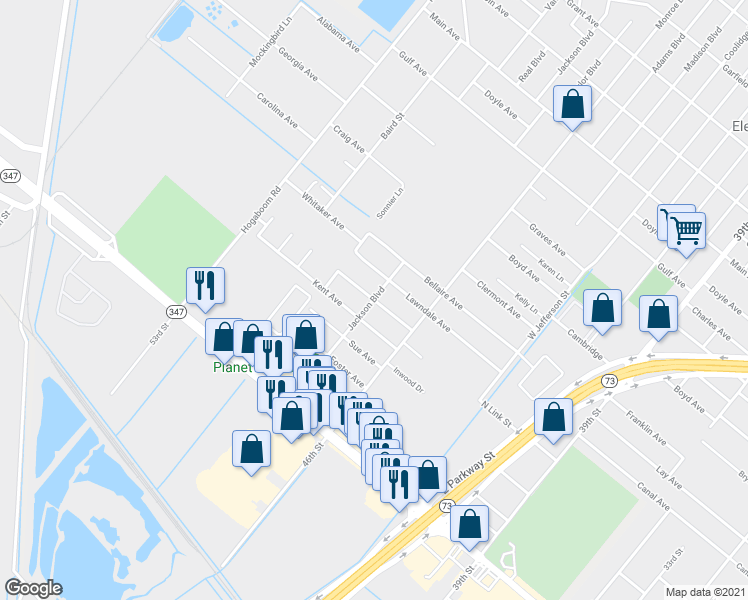 map of restaurants, bars, coffee shops, grocery stores, and more near 4998 Simpson Avenue in Groves