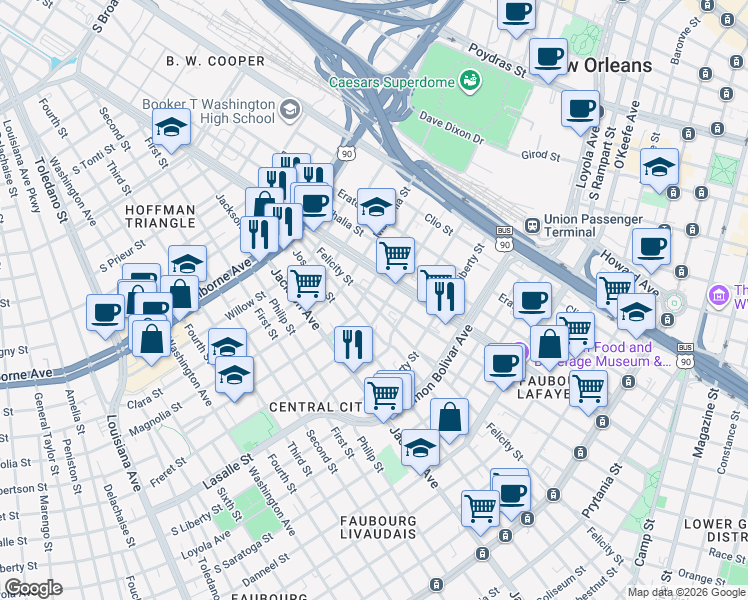 map of restaurants, bars, coffee shops, grocery stores, and more near 2412 Felicity Street in New Orleans