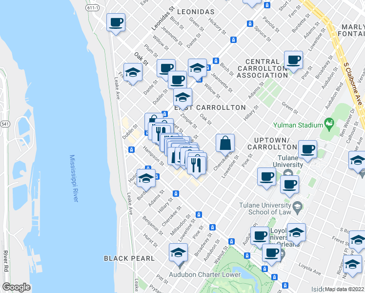 map of restaurants, bars, coffee shops, grocery stores, and more near 7801 Burthe Street in New Orleans