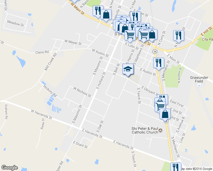map of restaurants, bars, coffee shops, grocery stores, and more near 624 South Bell Street in Bellville