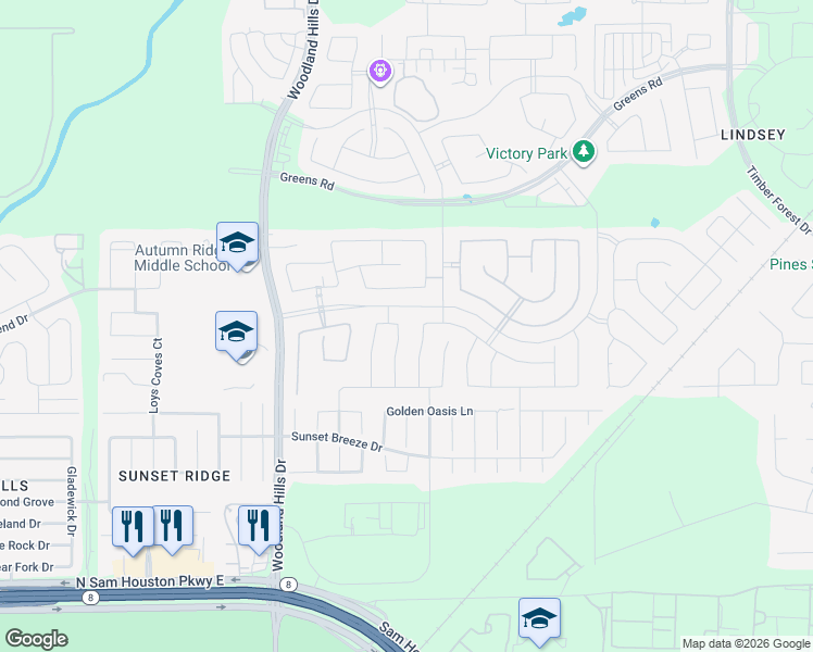 map of restaurants, bars, coffee shops, grocery stores, and more near 15334 Dinnet Berm Drive in Atascocita