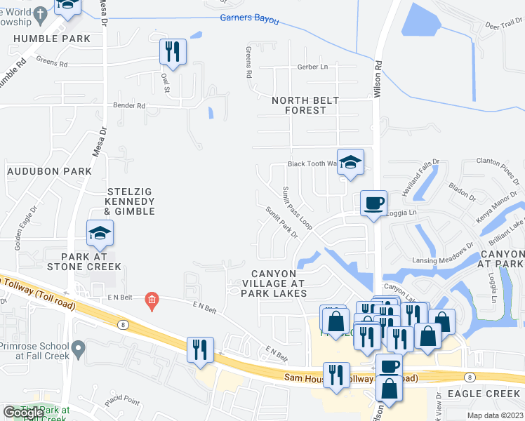 map of restaurants, bars, coffee shops, grocery stores, and more near 9150 Sunlit Park Drive in Humble
