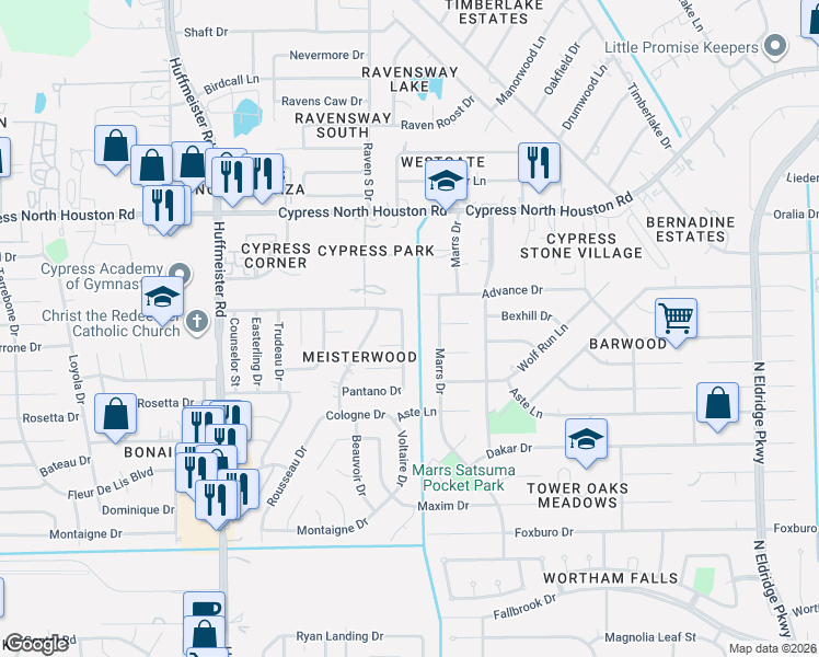 map of restaurants, bars, coffee shops, grocery stores, and more near 13300 Bexhill Drive in Houston