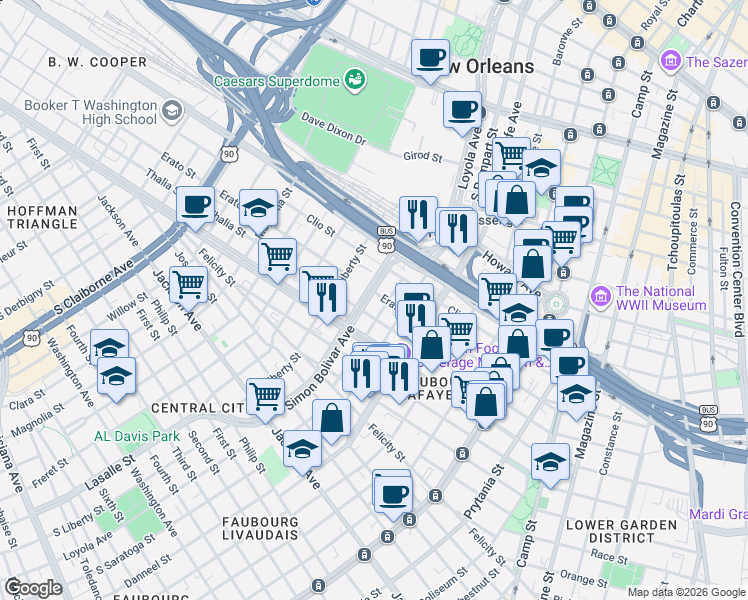 map of restaurants, bars, coffee shops, grocery stores, and more near 2122 Thalia Street in New Orleans