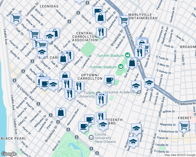 map of restaurants, bars, coffee shops, grocery stores, and more near 4 Audubon Boulevard in New Orleans