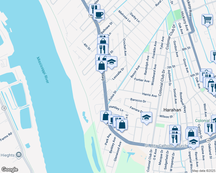 map of restaurants, bars, coffee shops, grocery stores, and more near 8721 Jefferson Highway in New Orleans