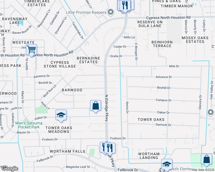 map of restaurants, bars, coffee shops, grocery stores, and more near 12319 Campos Drive in Houston