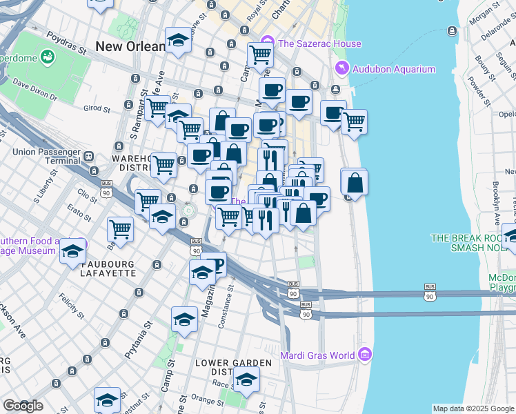 map of restaurants, bars, coffee shops, grocery stores, and more near 345 Saint Joseph Street in New Orleans